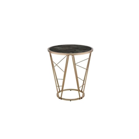 Gfancy Fixtures 24 in. Faux Marble Glass & Metal Round End Table Champagne & Black GF3100037